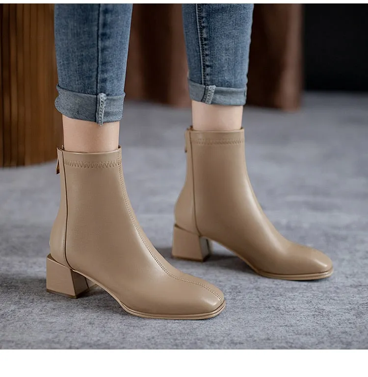 Amozae-2024 New Autumn Women Leather Ankle Boots Fashion Female Mid Thick Heels Elegant Lady White Black Apricot Square Toe Zip Shoes