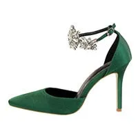 Amozae-Back to College Elegant Rhinestone High Heels Women Pumps Silk Pointed Toe Wedding Shoes Women Buckle Strap Crystal Party Shoes Women SWB0025