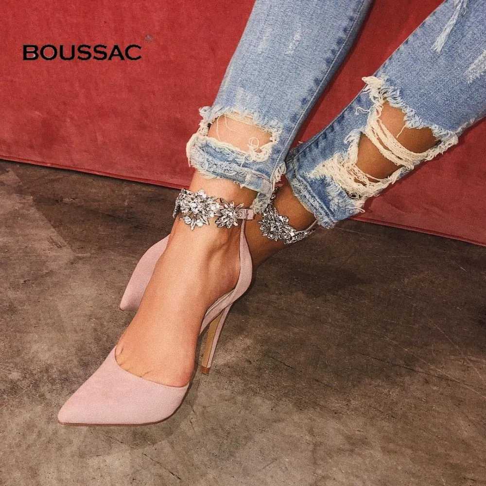 Amozae-Back to College Elegant Rhinestone High Heels Women Pumps Silk Pointed Toe Wedding Shoes Women Buckle Strap Crystal Party Shoes Women SWB0025