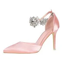 Amozae-Back to College Elegant Rhinestone High Heels Women Pumps Silk Pointed Toe Wedding Shoes Women Buckle Strap Crystal Party Shoes Women SWB0025