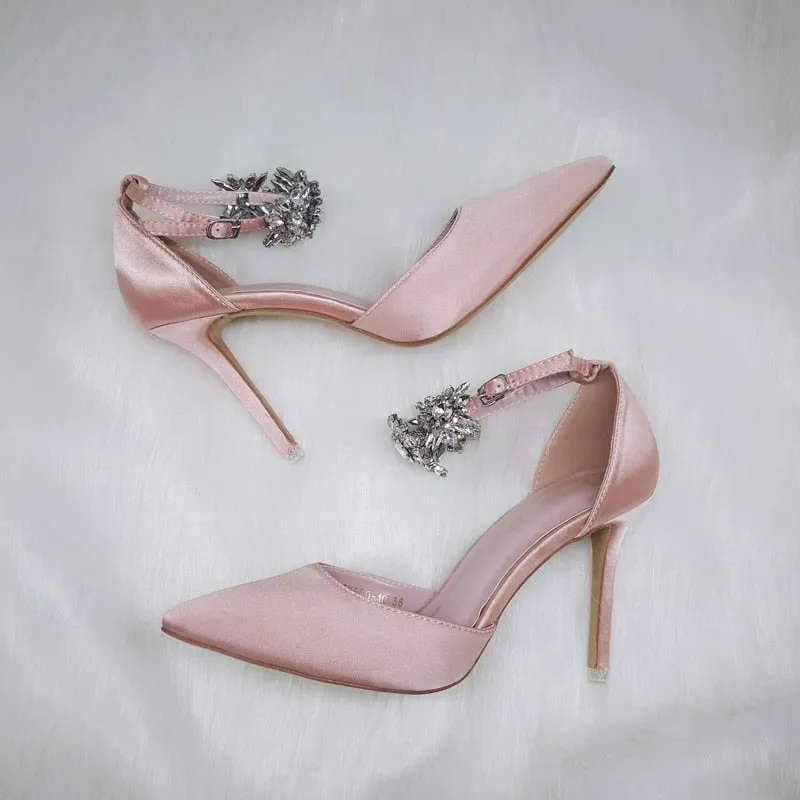 Amozae-Back to College Elegant Rhinestone High Heels Women Pumps Silk Pointed Toe Wedding Shoes Women Buckle Strap Crystal Party Shoes Women SWB0025