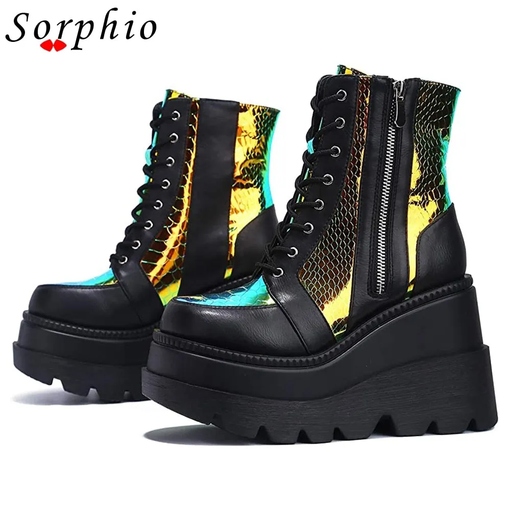 Amozae--Christmas Gift Fashion Platfrom Wedges Ankle Boots Women Pink Color Changing Zipper Lace Up Design Goth Shoes Woman Casual Comfort Popular