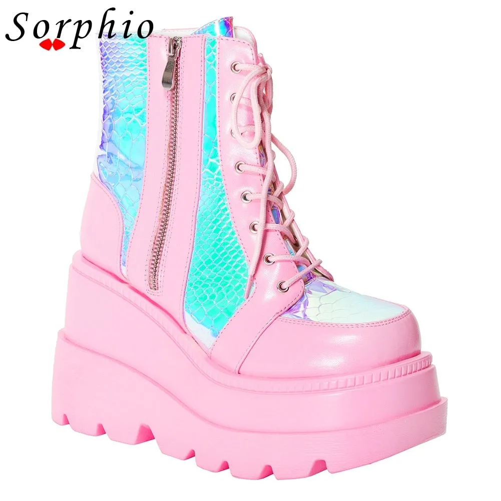 Amozae--Christmas Gift Fashion Platfrom Wedges Ankle Boots Women Pink Color Changing Zipper Lace Up Design Goth Shoes Woman Casual Comfort Popular