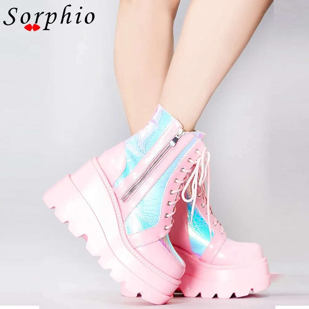 Amozae--Christmas Gift Fashion Platfrom Wedges Ankle Boots Women Pink Color Changing Zipper Lace Up Design Goth Shoes Woman Casual Comfort Popular