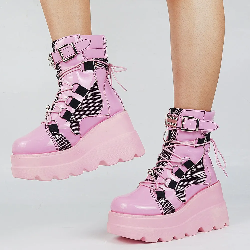 Amozae--Christmas Gift Fashion Platfrom Wedges Ankle Boots Women Pink Color Changing Zipper Lace Up Design Goth Shoes Woman Casual Comfort Popular