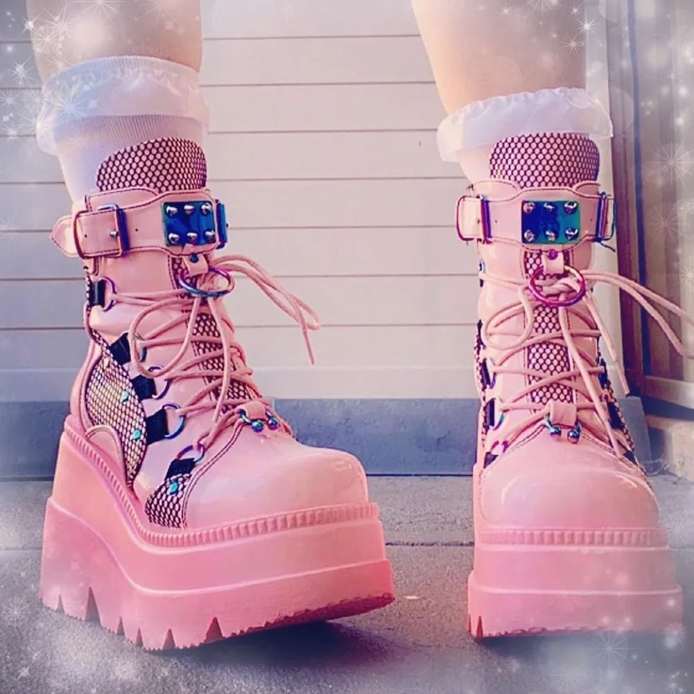 Amozae--Christmas Gift Fashion Platfrom Wedges Ankle Boots Women Pink Color Changing Zipper Lace Up Design Goth Shoes Woman Casual Comfort Popular