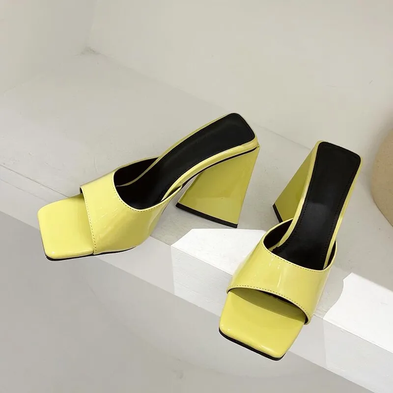 Amozae- Women Design 10cm High Heels Slides Mules Summer Peep Toe Patent Leather Green Yellow Thick Block Heels Slippers Party Shoe