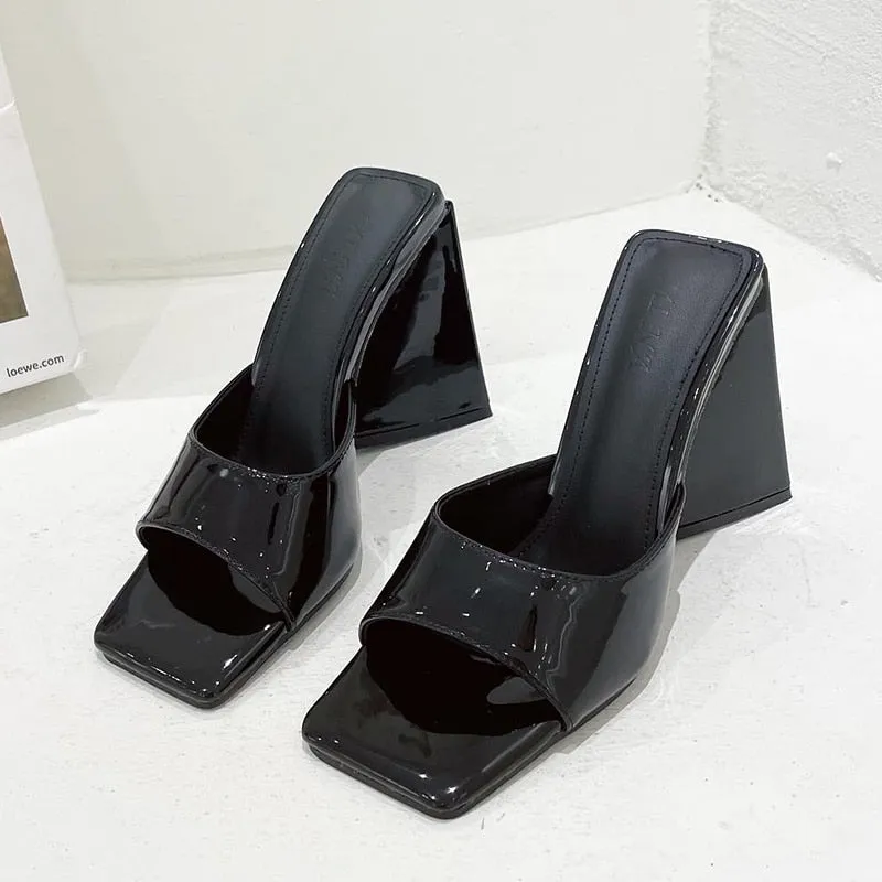 Amozae- Women Design 10cm High Heels Slides Mules Summer Peep Toe Patent Leather Green Yellow Thick Block Heels Slippers Party Shoe