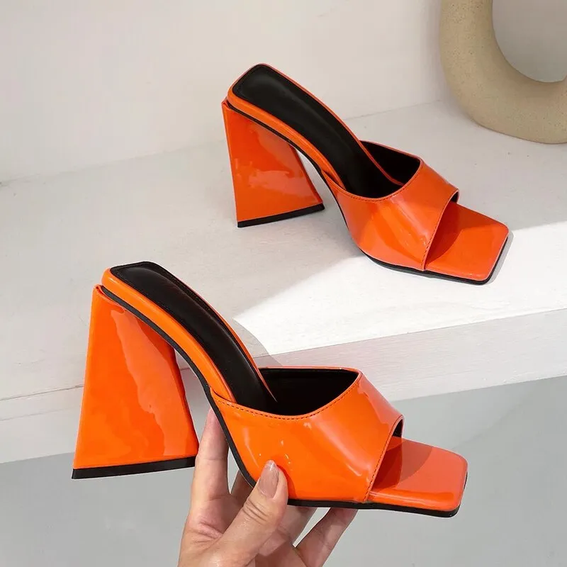 Amozae- Women Design 10cm High Heels Slides Mules Summer Peep Toe Patent Leather Green Yellow Thick Block Heels Slippers Party Shoe
