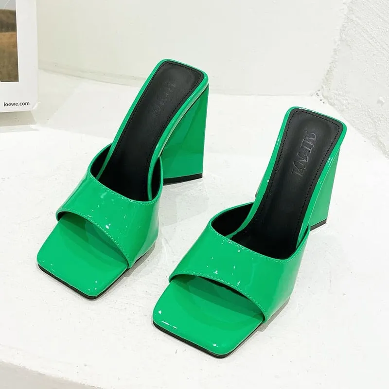 Amozae- Women Design 10cm High Heels Slides Mules Summer Peep Toe Patent Leather Green Yellow Thick Block Heels Slippers Party Shoe
