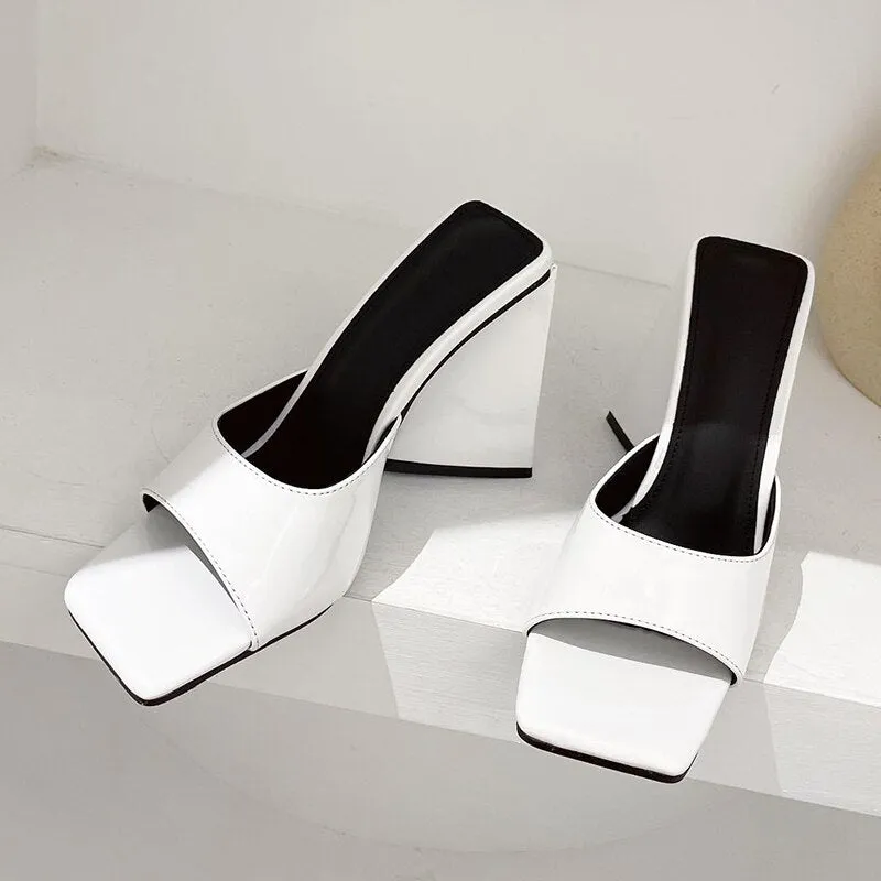 Amozae- Women Design 10cm High Heels Slides Mules Summer Peep Toe Patent Leather Green Yellow Thick Block Heels Slippers Party Shoe