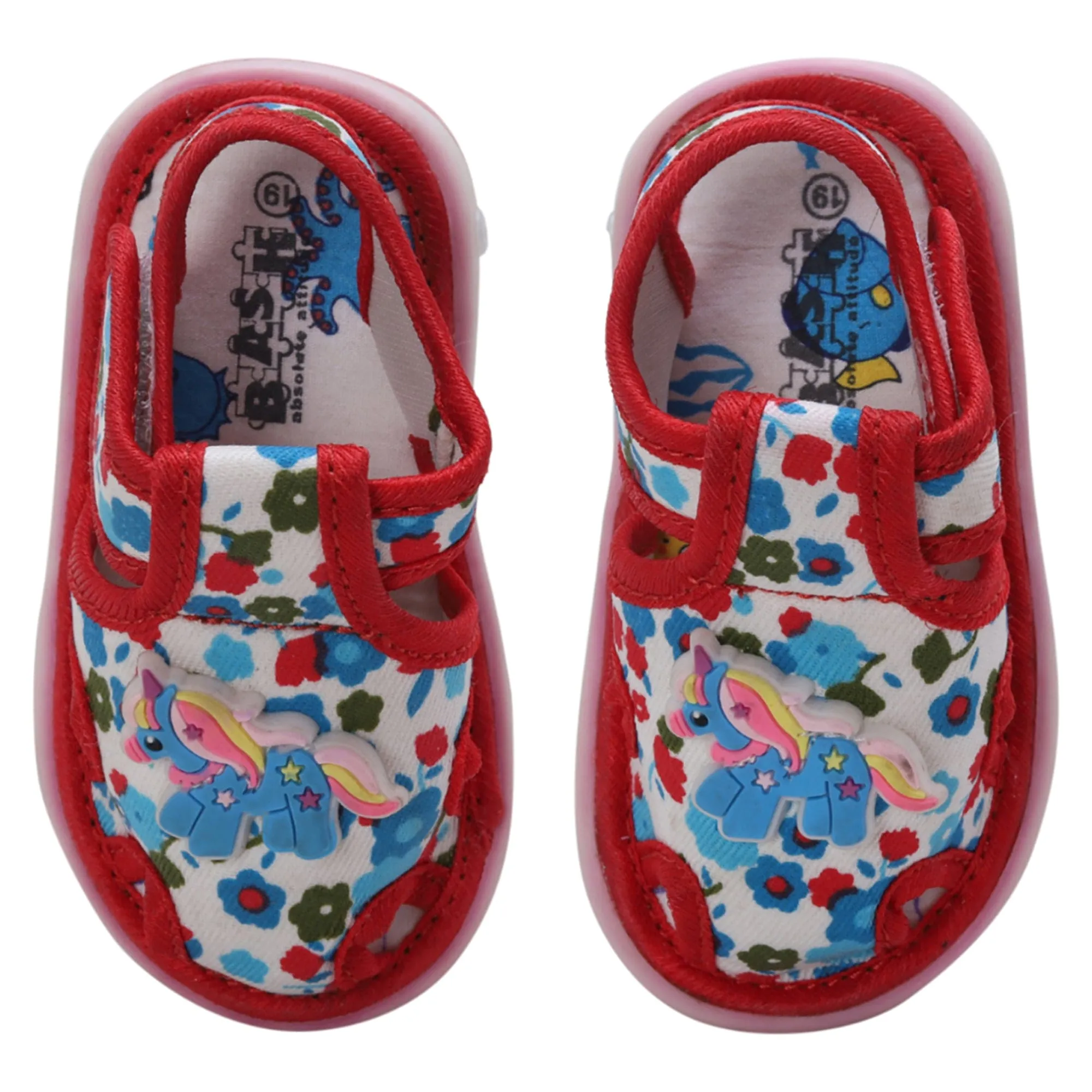 Baby Moo Unicorn Applique Floral Print Velcro Strap Anti-Skid Chu Chu Sound Sandals - Blue