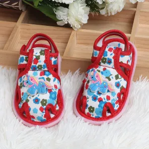 Baby Moo Unicorn Applique Floral Print Velcro Strap Anti-Skid Chu Chu Sound Sandals - Blue