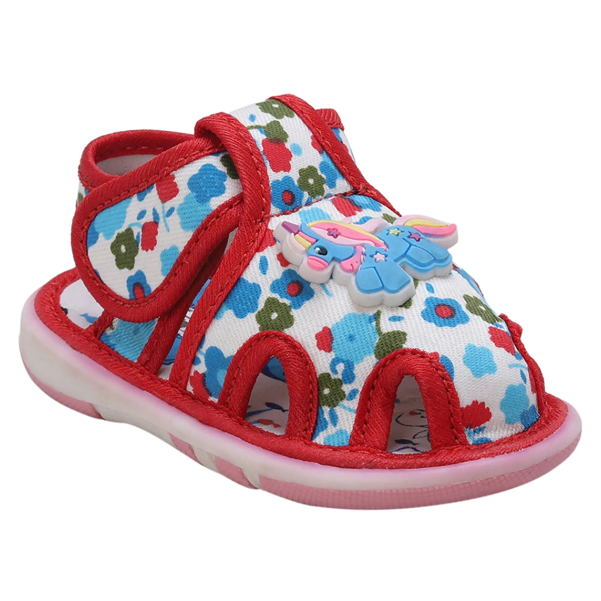 Baby Moo Unicorn Applique Floral Print Velcro Strap Anti-Skid Chu Chu Sound Sandals - Blue
