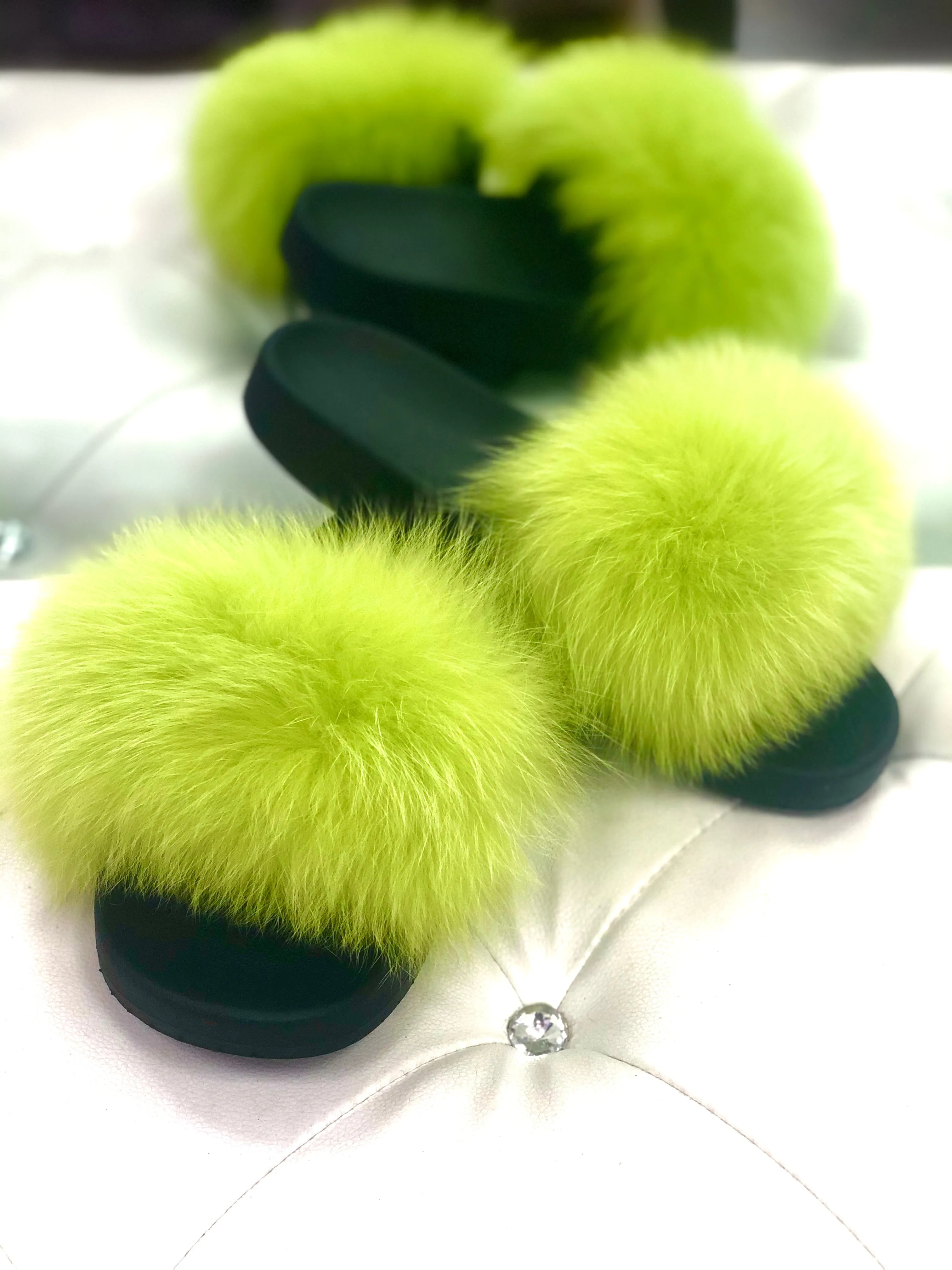 Lemon Lime Real Polar Fox Fur Slippers
