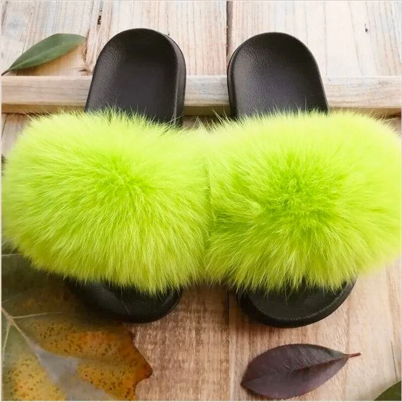 Lemon Lime Real Polar Fox Fur Slippers