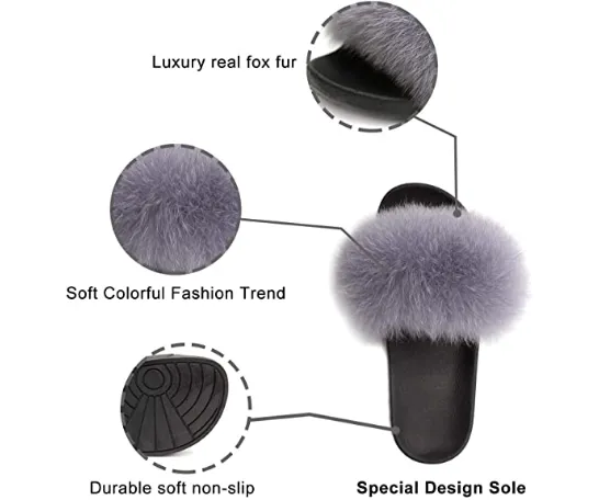 Stone Real Polar Fox Fur Slippers
