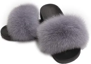 Stone Real Polar Fox Fur Slippers
