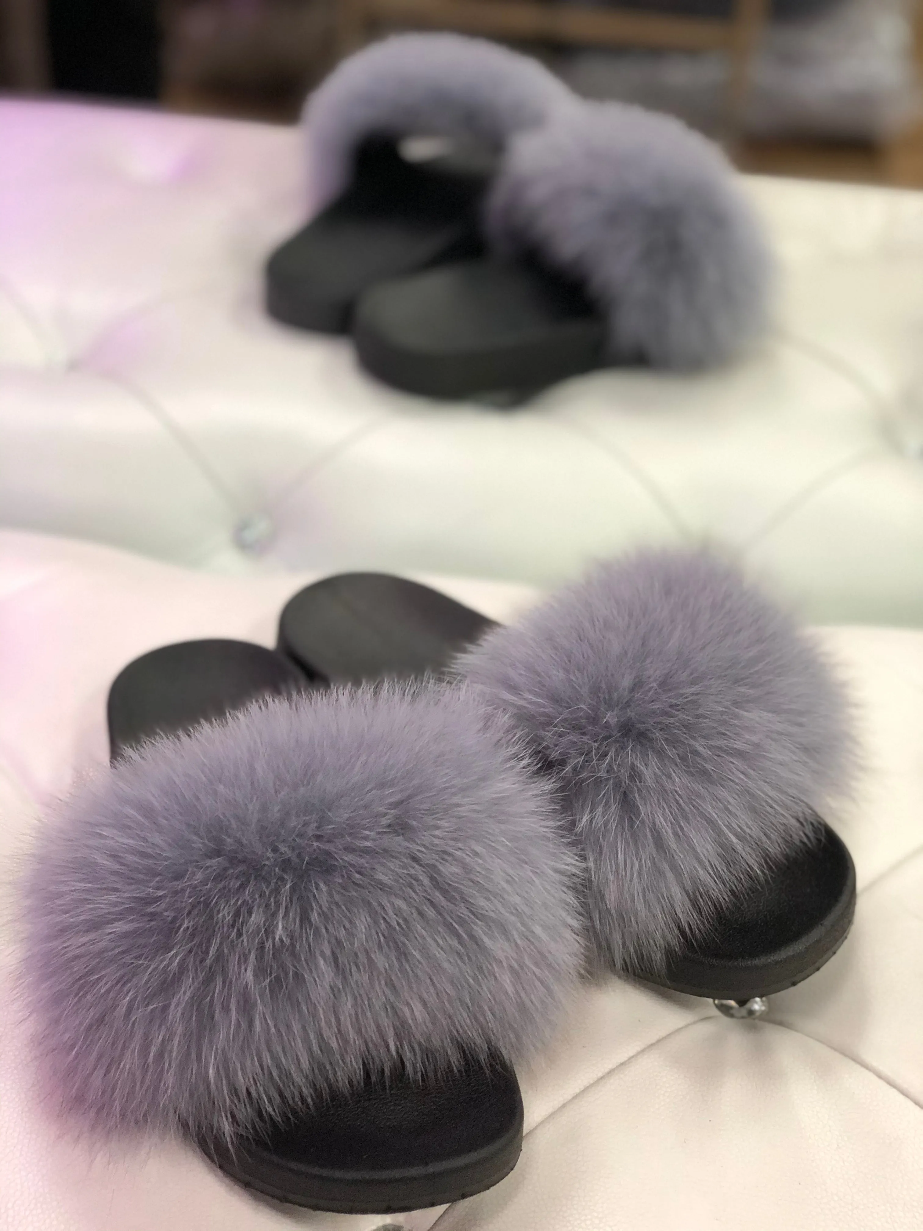 Stone Real Polar Fox Fur Slippers